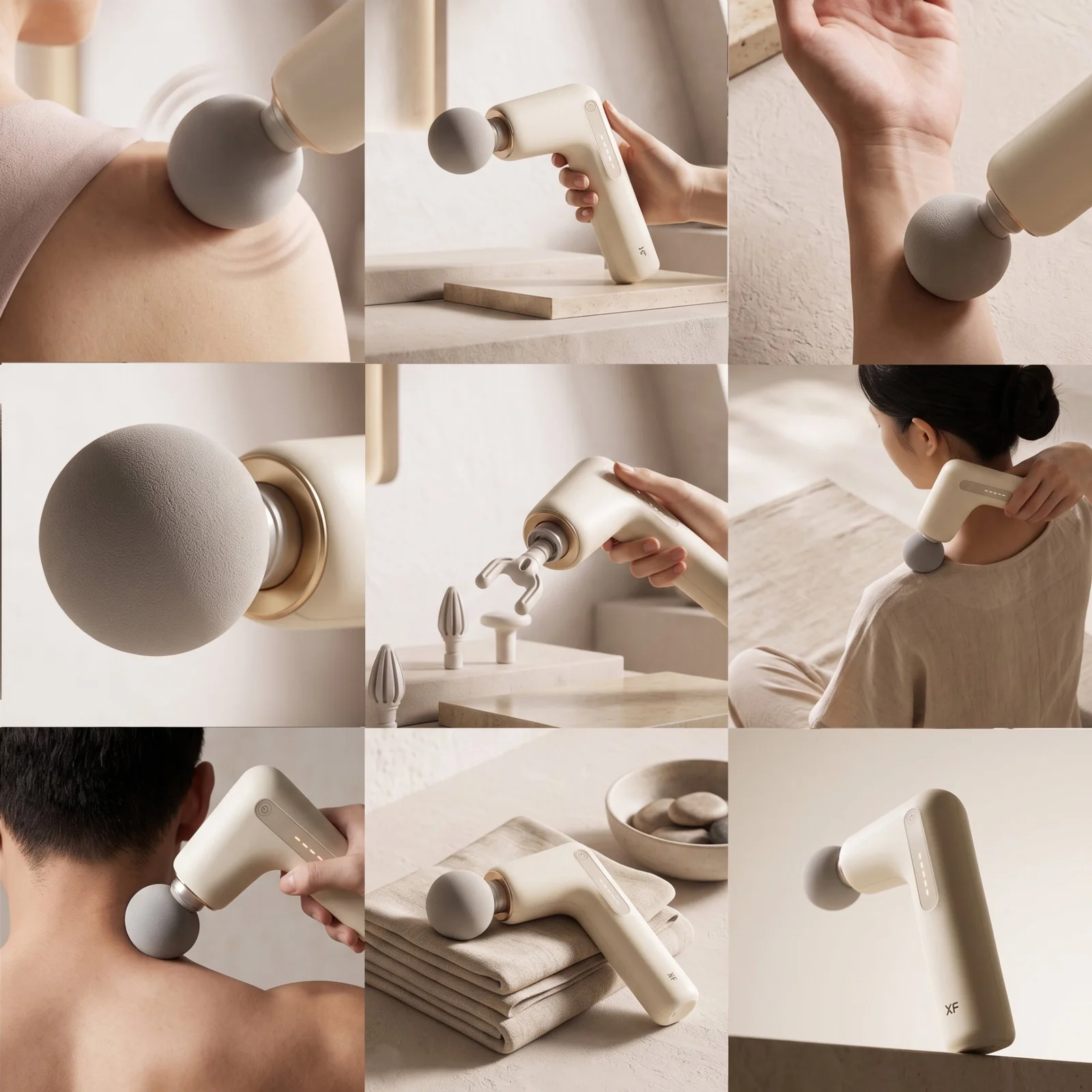 XF NOLA 筋膜枪 — 九宫格使用场景, 包含肩部、手臂、足底、颈后、腰背、握持特写
